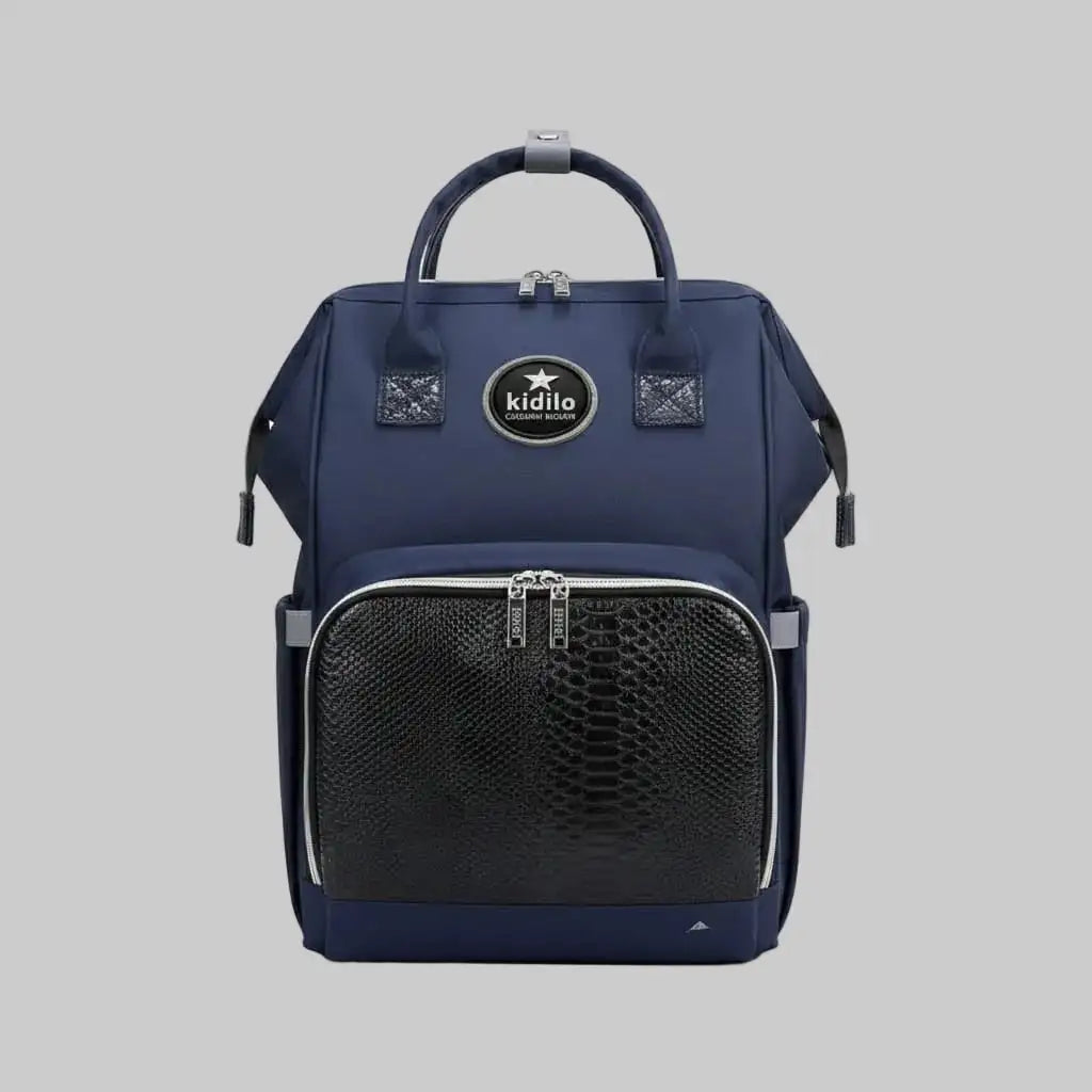 Navy blue backpack with a visible brand logo on a white background