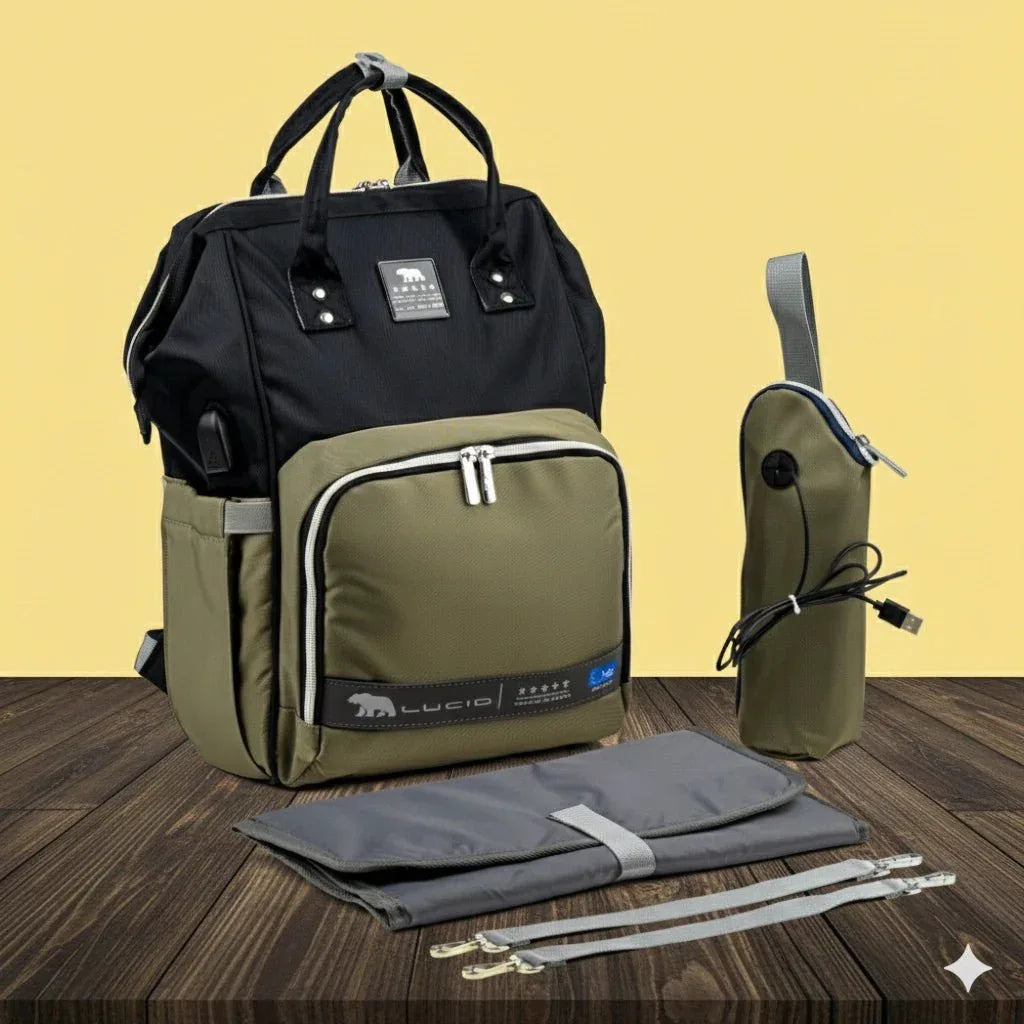 Lucid Baby Diaper Bag Backpack – Navy Black & Olive Green Waterproof Fabric - Memo'sMart