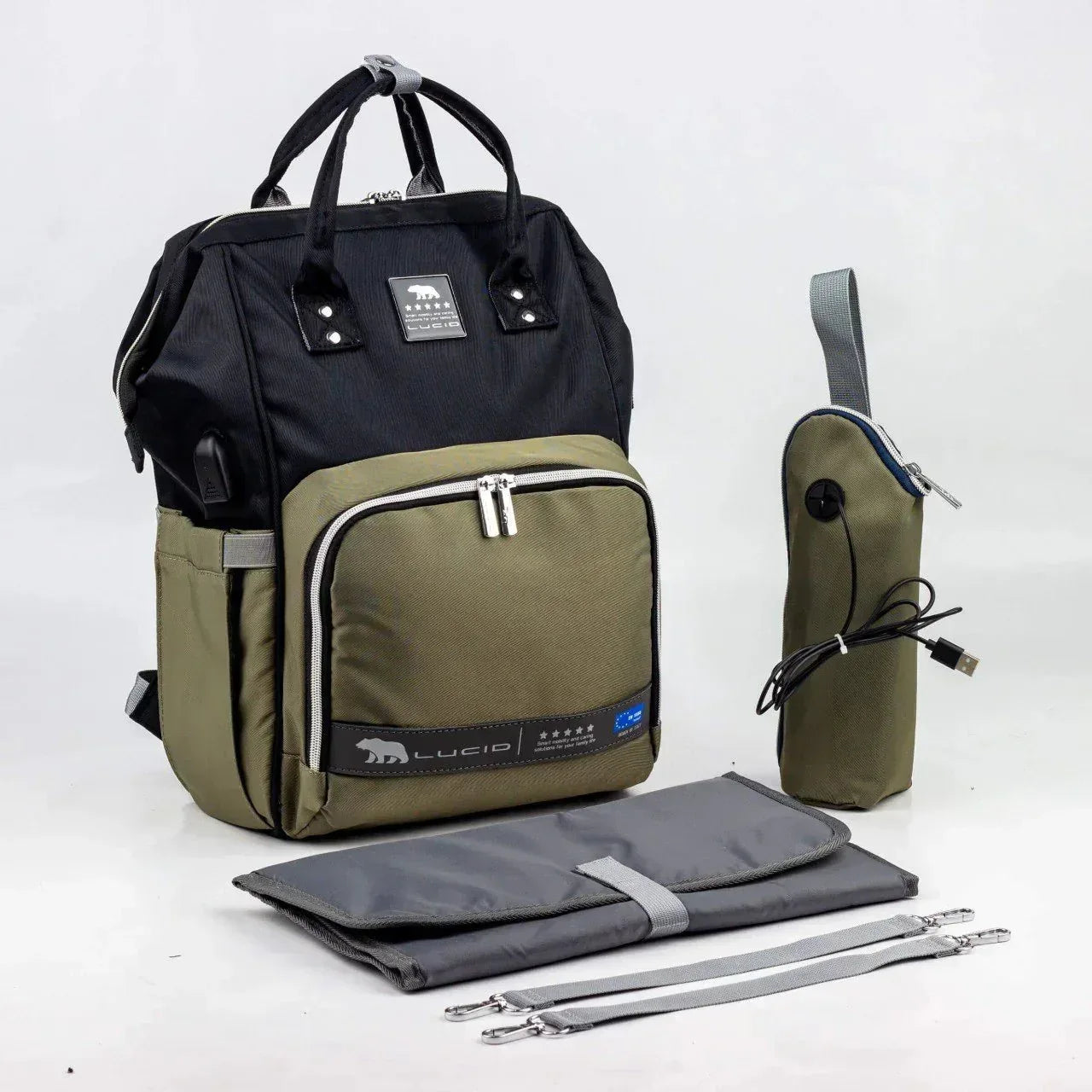 Lucid Baby Diaper Bag Backpack – Navy Black & Olive Green Waterproof Fabric - Memo'sMart