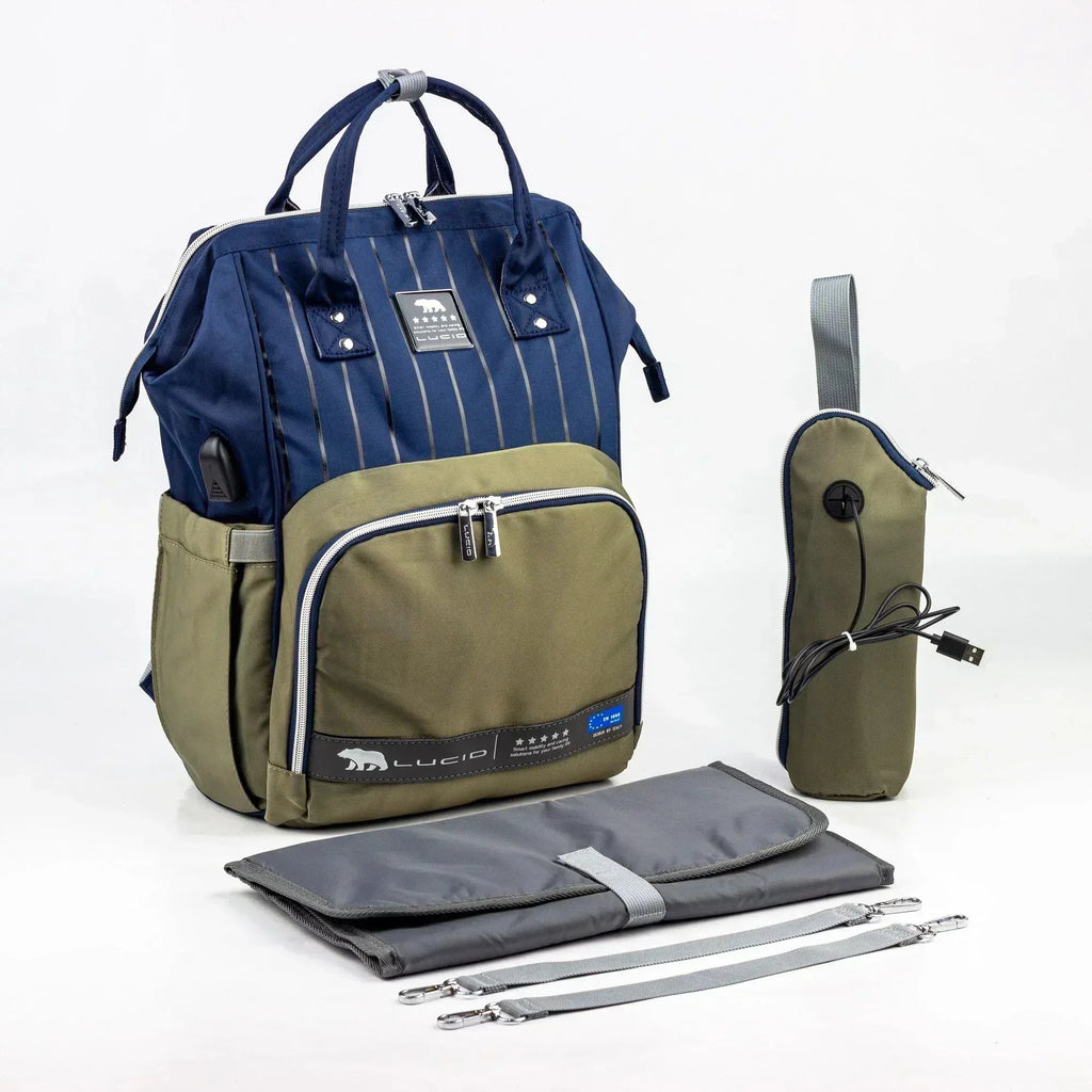 Lucid Baby Diaper Bag Backpack – Navy Blue & Olive Green Waterproof Fabric - Memo'sMart
