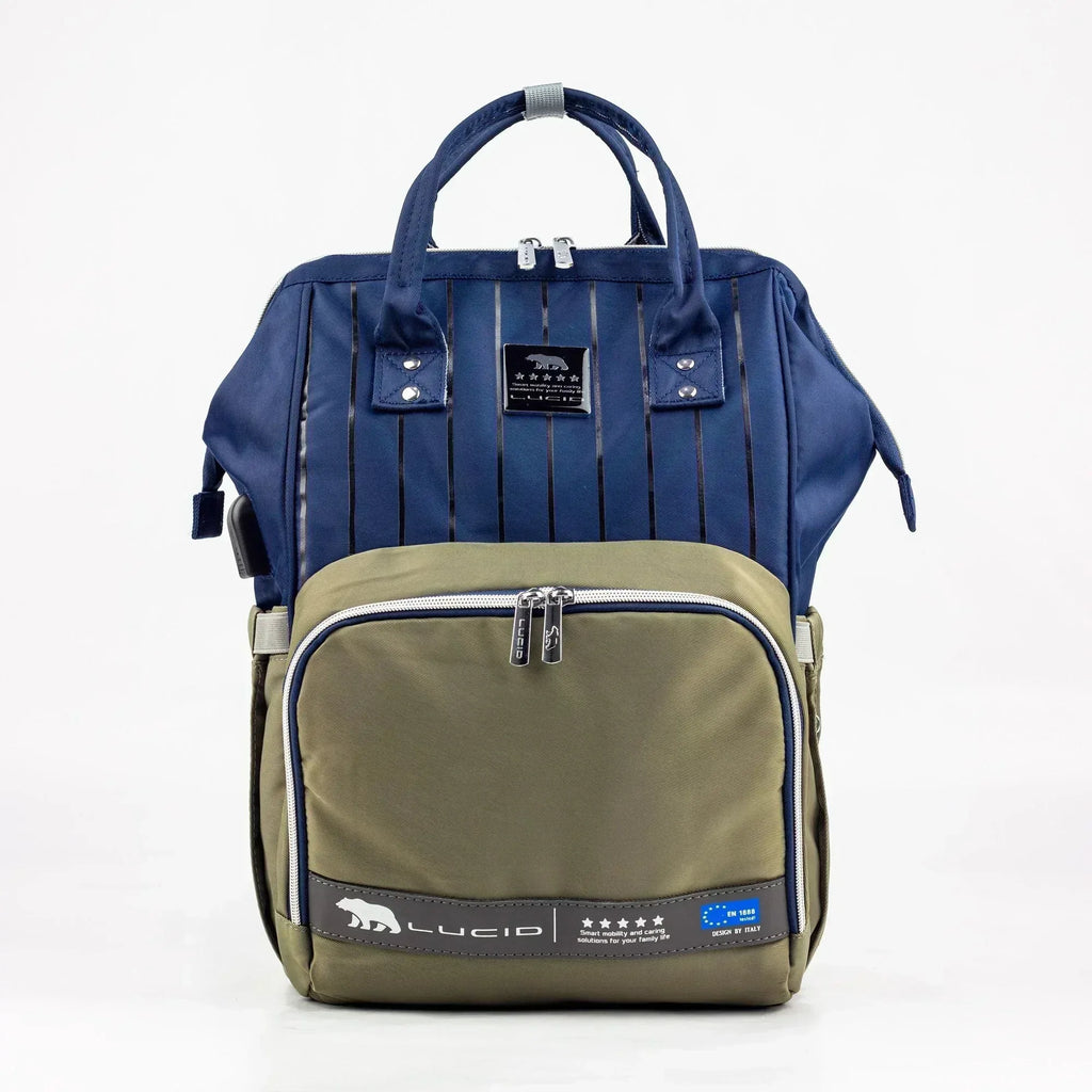 Lucid Baby Diaper Bag Backpack – Navy Blue & Olive Green Waterproof Fabric - Memo'sMart