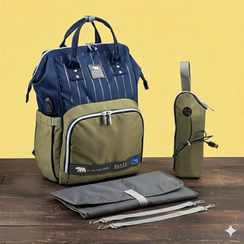 Lucid Baby Diaper Bag Backpack – Navy Blue & Olive Green Waterproof Fabric - Memo'sMart