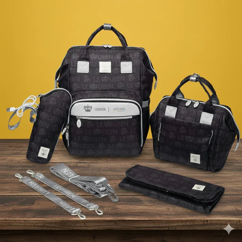 Lequeen Diamond 8th Edition Soft Waterproof Mommy Bag - Black Set - Memo'sMart