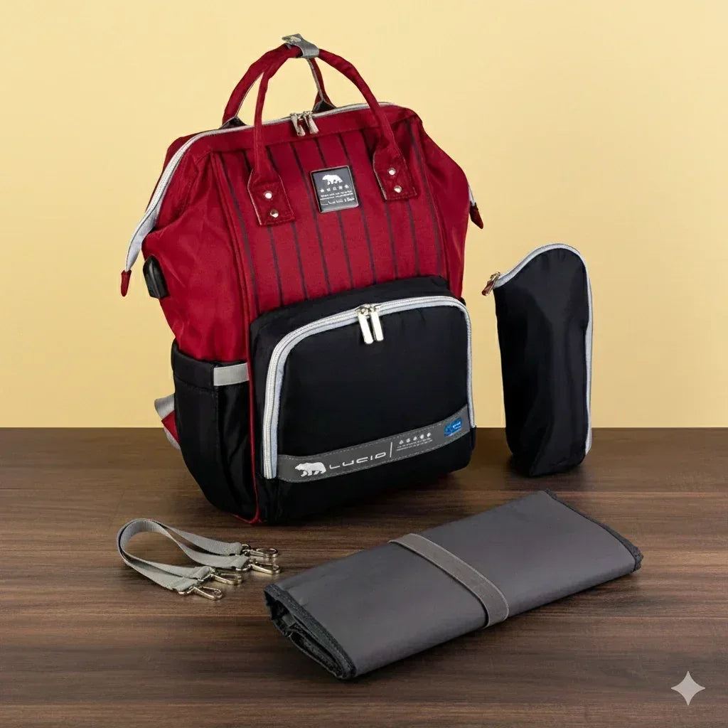 Lucid Premium Baby Diaper Bag Backpack – Waterproof & USB Charging Port(Red) - Memo'sMart